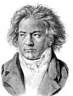 An engraving of Beethoven, looking glum.